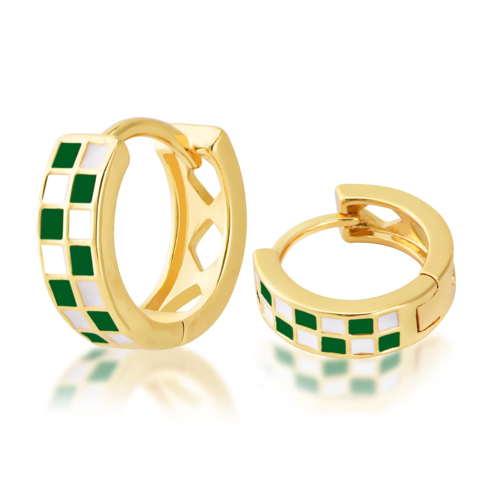 Small Checkered Hoop Earrings Multicolor Enamel Hoops Earrings for Women Tiny Round Circle Huggie Hypoallergenic Earrings Piercing Jewellery Gift for Women (Green)